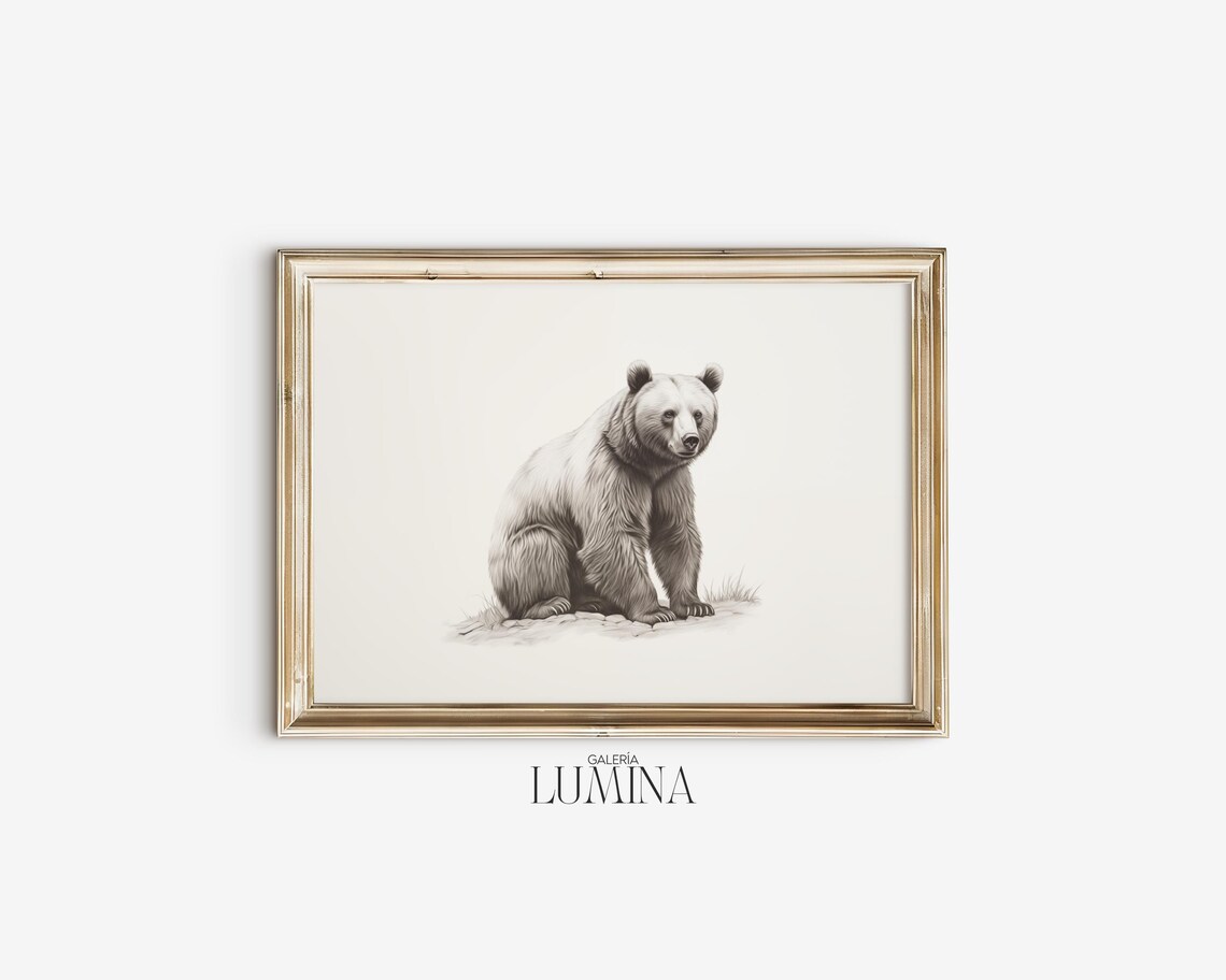 Sitting Grizzly Bear Pencil Drawing Minimalist Wildlife Sketch Poster - Image 2