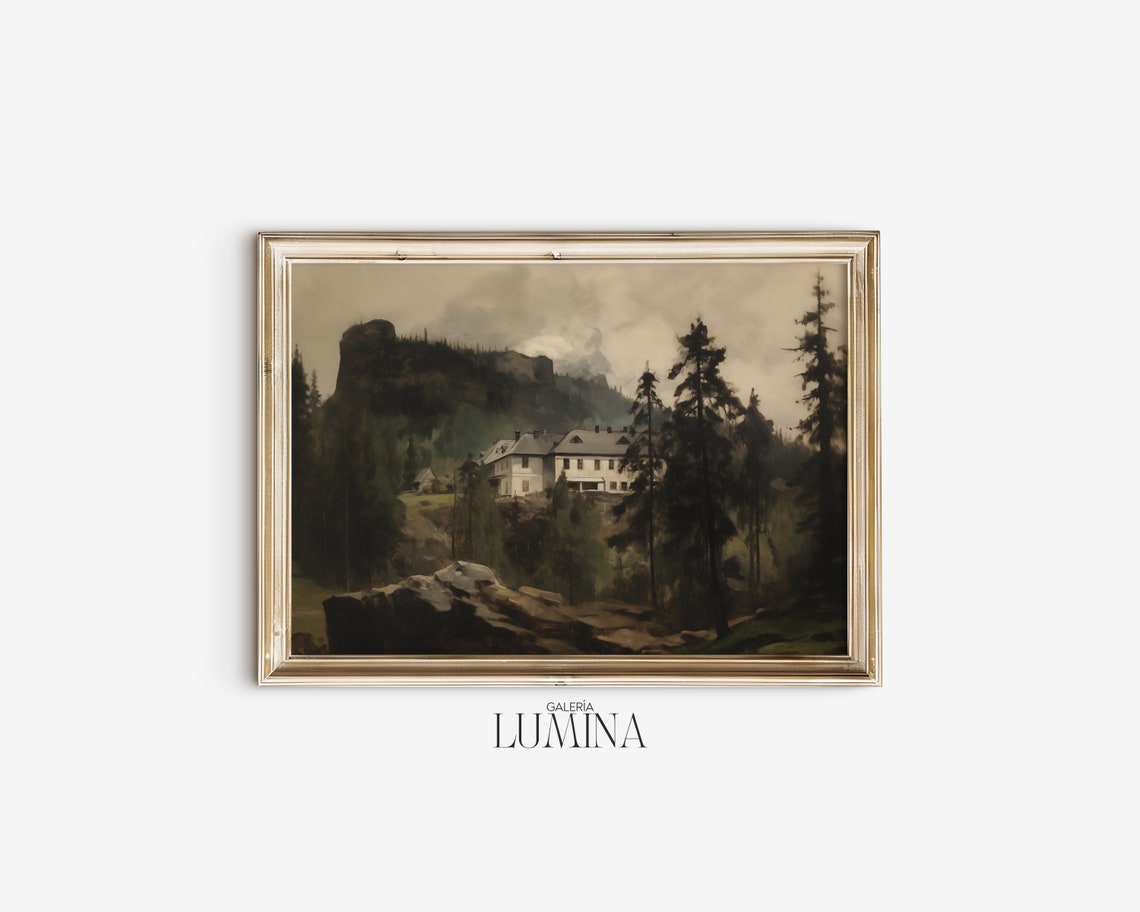 Moody Mountain Lodge Hidden In Dark Pine Forest Dusk Painting Poster - Image 2