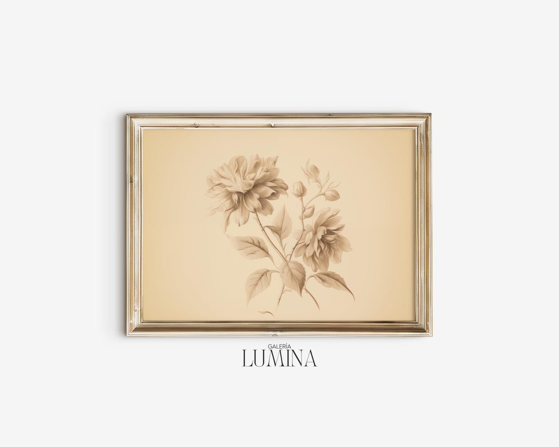 Antique Sepia Botanical Flower Sketch Minimalist Etching Poster - Image 2