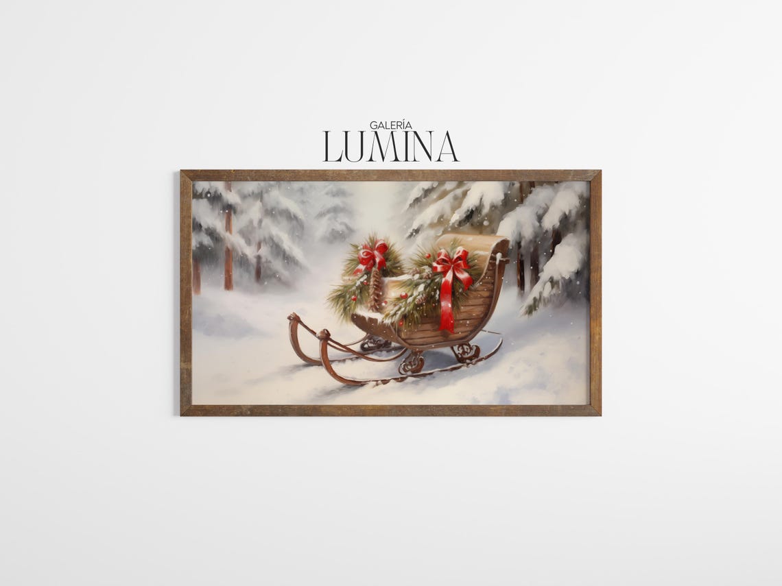 Wooden Sleigh With Pine Garlands and Red Bows in Falling Snow Poster - Image 3