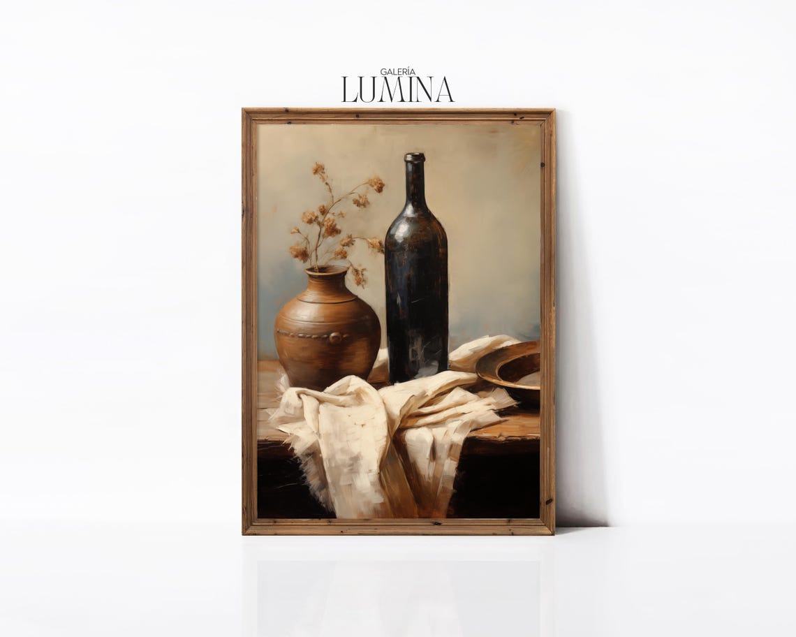Rustic Still Life Dark Bottle Earthenware Vase Wooden Table Oil Poster - Image 2