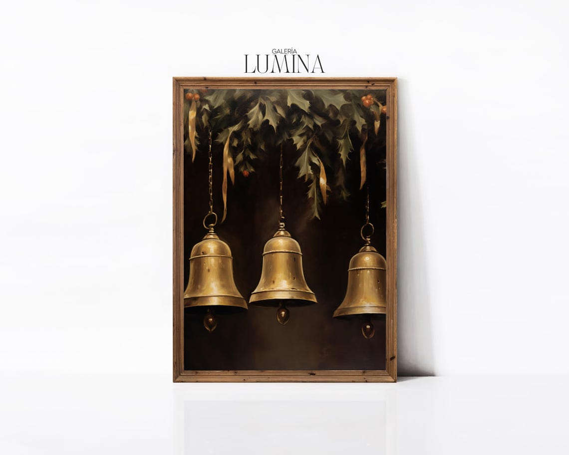Five Antique Golden Bells Hanging with Holly Christmas Poster - Image 2