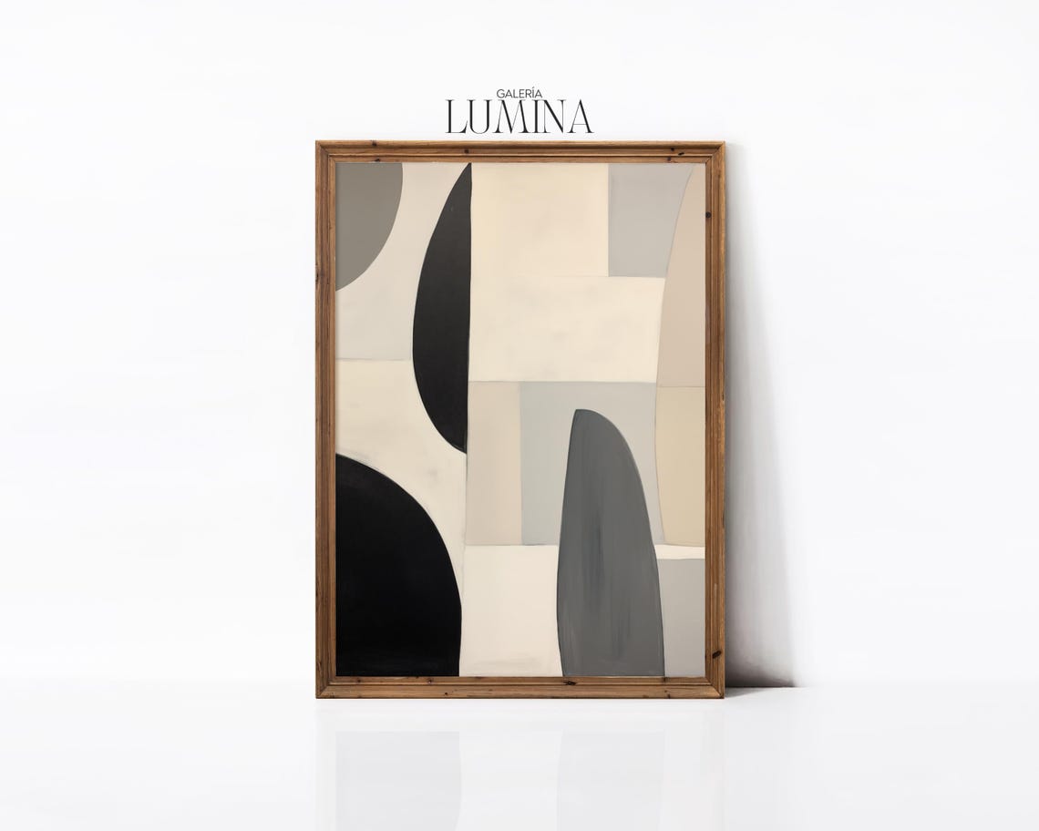 Contemporary Black Beige Geometric Abstract Shapes Wall Poster - Image 2