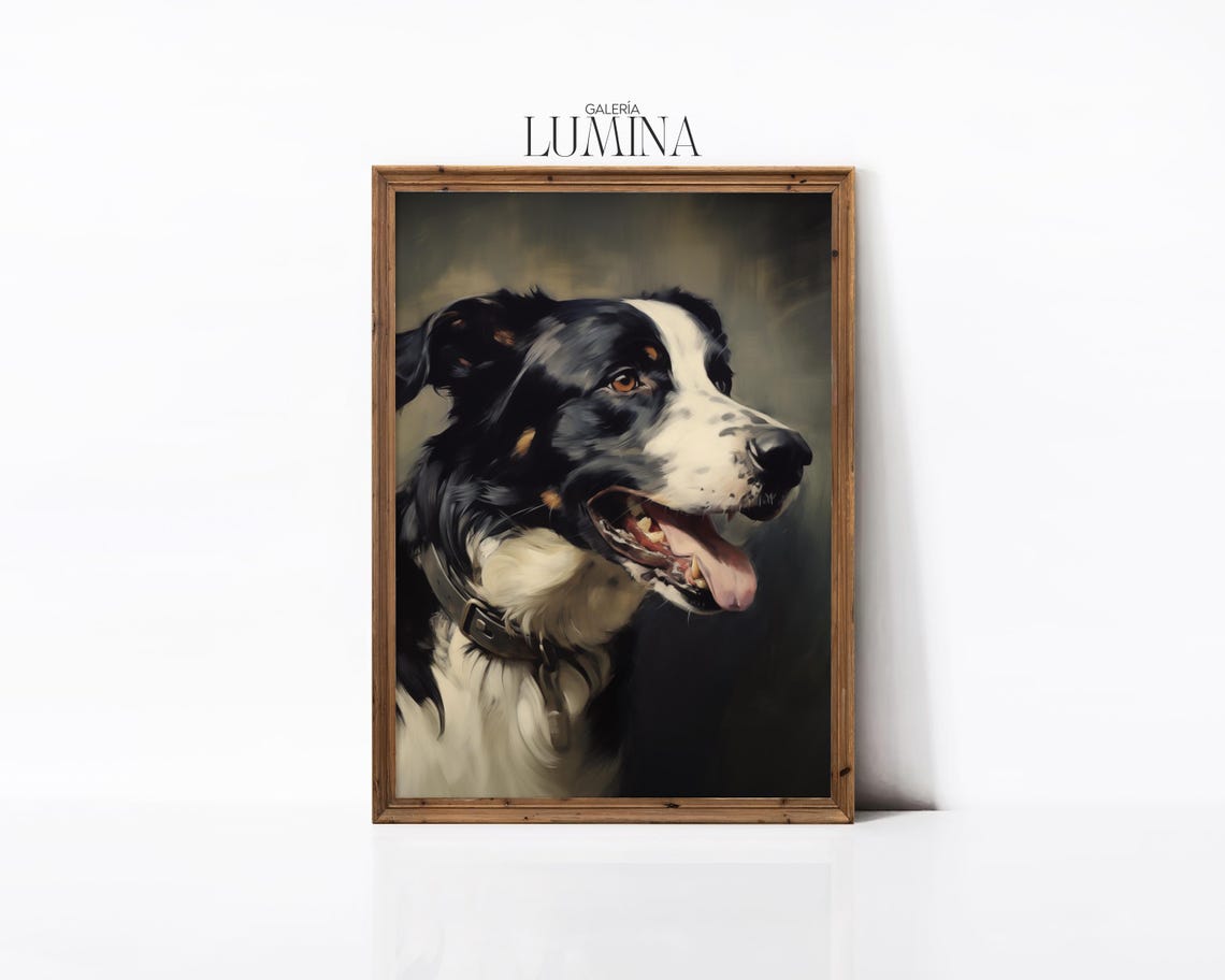 Border Collie Dog Oil Painting Vintage Black And White Dog Painting Animal Profile Portrait Painting Art Frame Tv Art 376 - Image 3