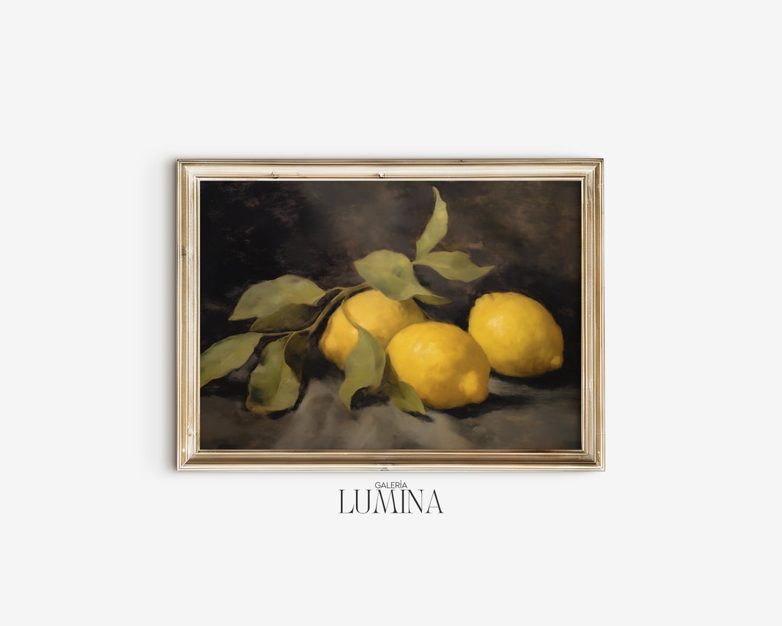 Moody Lemon Oil Painting Vintage Citrus Still Life Painting Dark Fruit Wall Art French Country Decor Art Frame Tv Art 253 - Image 2