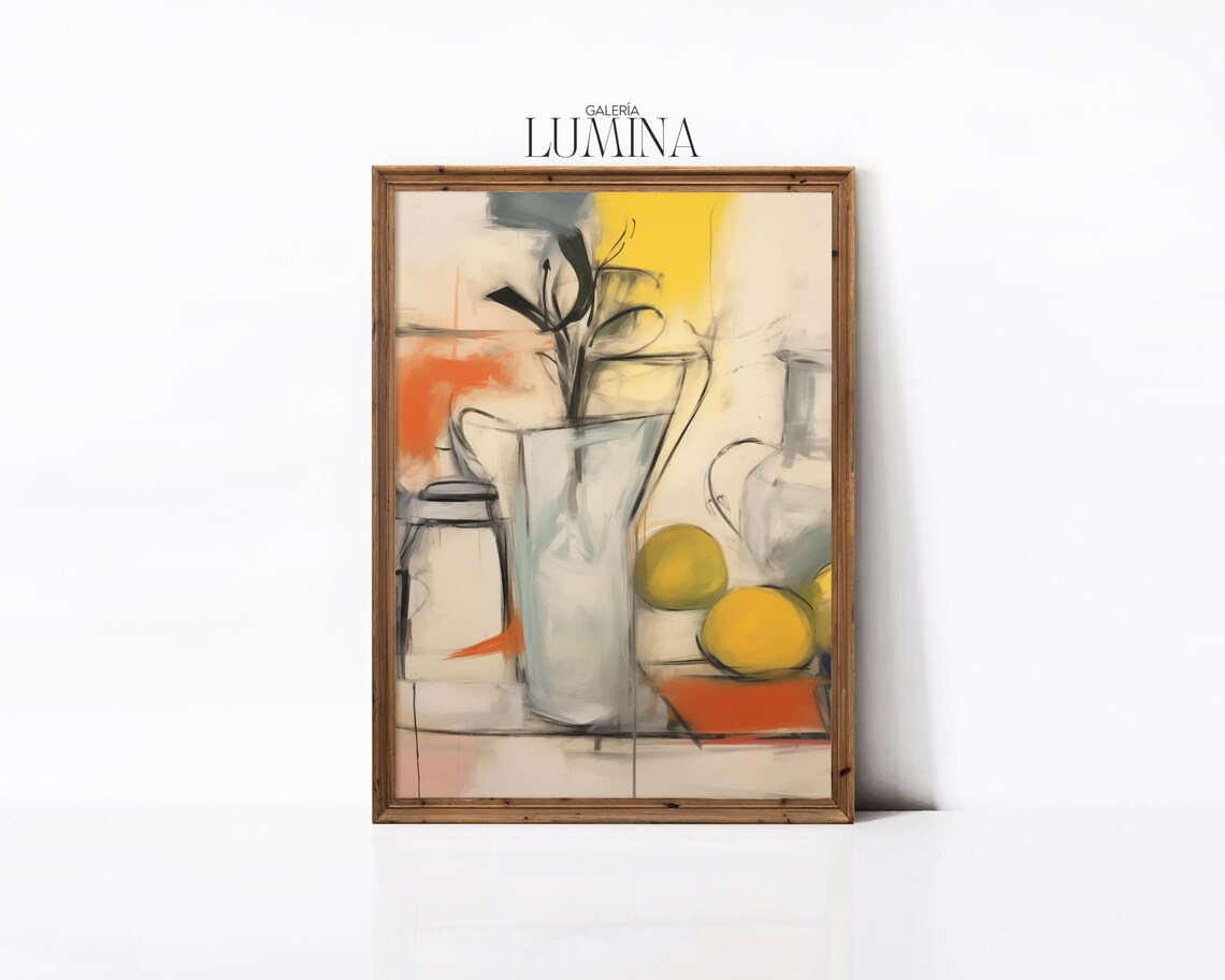 Abstract Still Life Oil Painting Modern Fruit And Vase Artwork Contemporary Lemon And Glass Print Art Frame Tv Art 797 - Image 2