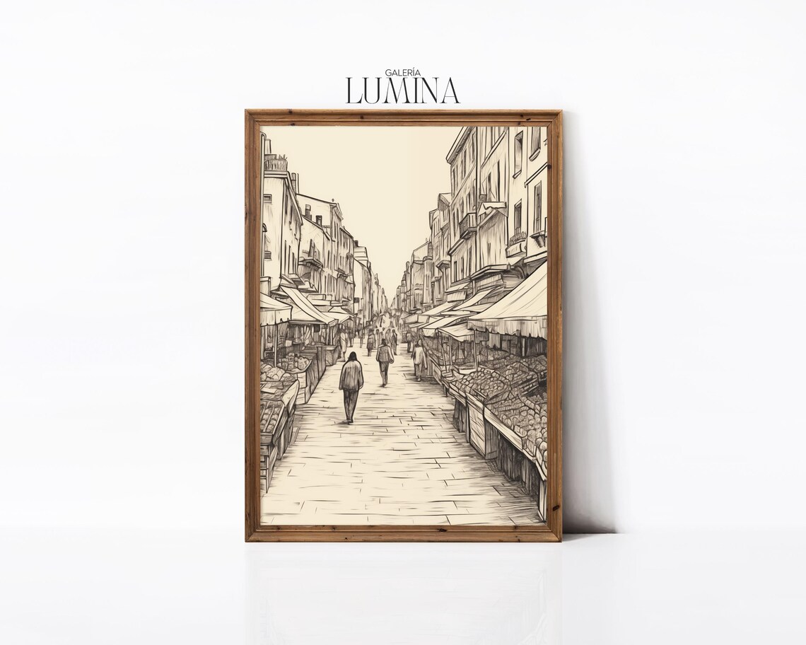 Vintage European Street Market Sketch Fruit Stalls Sepia Poster - Image 2