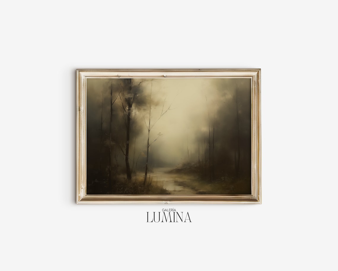Misty Landscape Oil Painting Moody Foggy Forest Painting Antique Scenery Wall Art Muted Colors Print Art Frame Tv Art 337 - Image 2