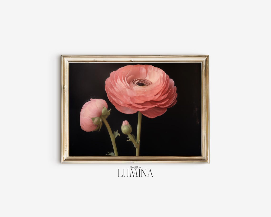 Pink Ranunculus Original Oil Painting Dark Background Moody Floral Art Antique Pink Flower Painting Art Frame Tv Art 674 - Image 2