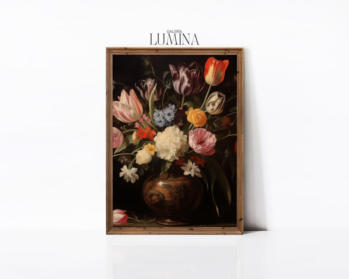 Dark Moody Tulips And Flowers Oil Painting Vintage Floral Still Life Artwork Baroque Flower Painting Art Frame Tv Art 956 - Image 2
