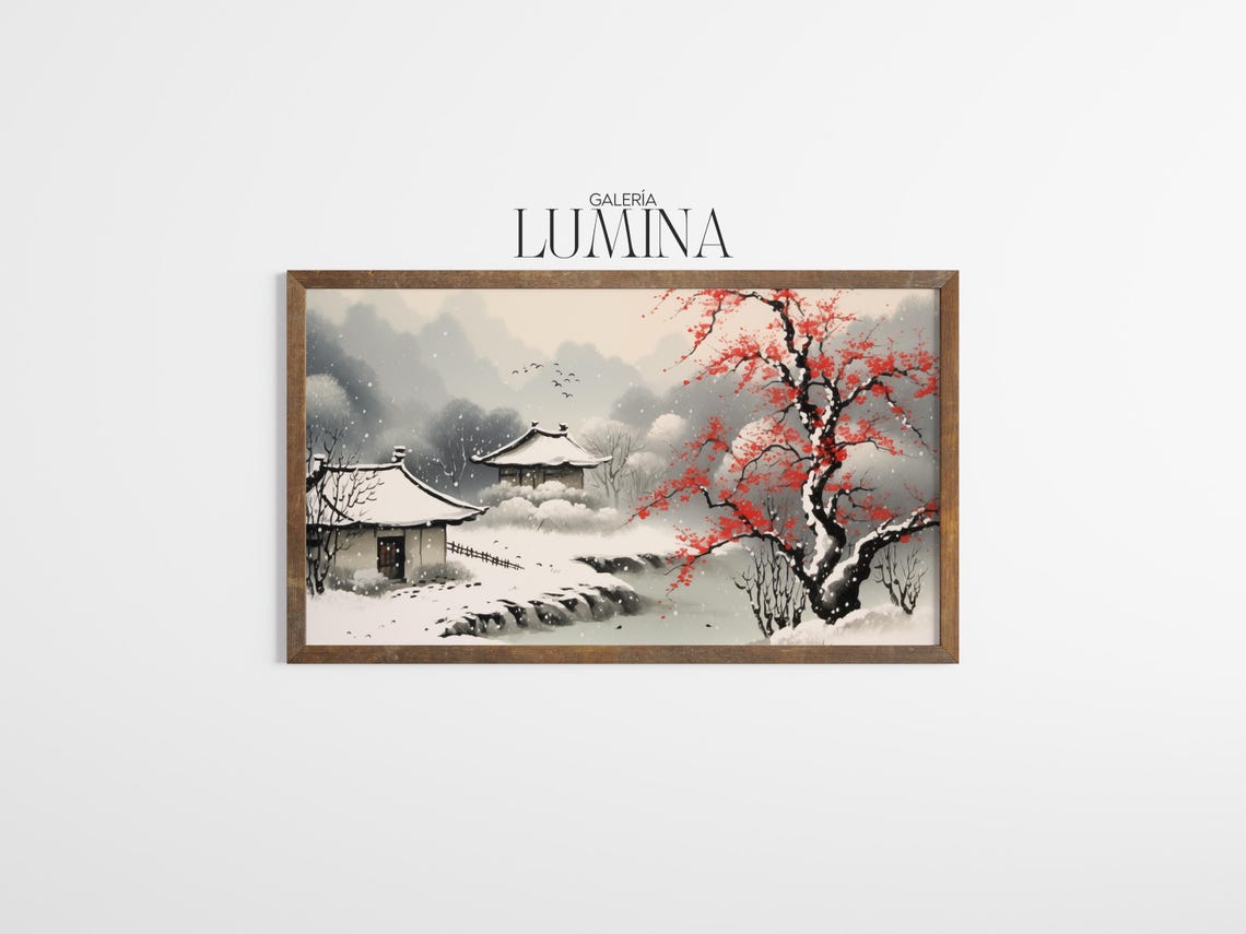 Snowy Asian Village with Red Plum Tree Ink Wash Winter Poster - Image 3