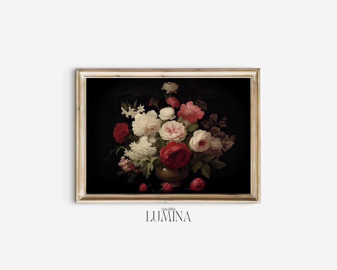 Antique Bouquet Of Roses And Peonies In Vase Dark Floral Poster - Image 2