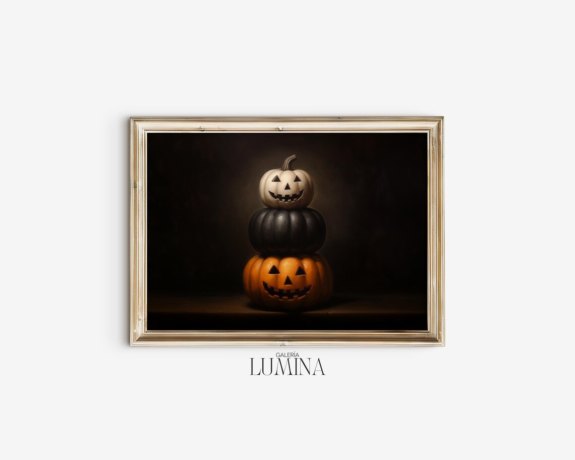 Stacked Jack O Lanterns Dark Halloween Pumpkin Painting Poster - Image 2