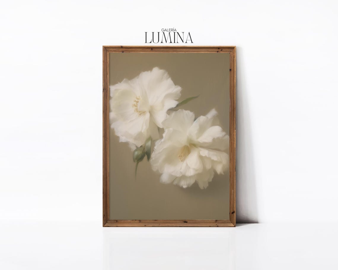Soft White Peony Blossoms Pastel Drawing On Sage Green Paper Poster - Image 3
