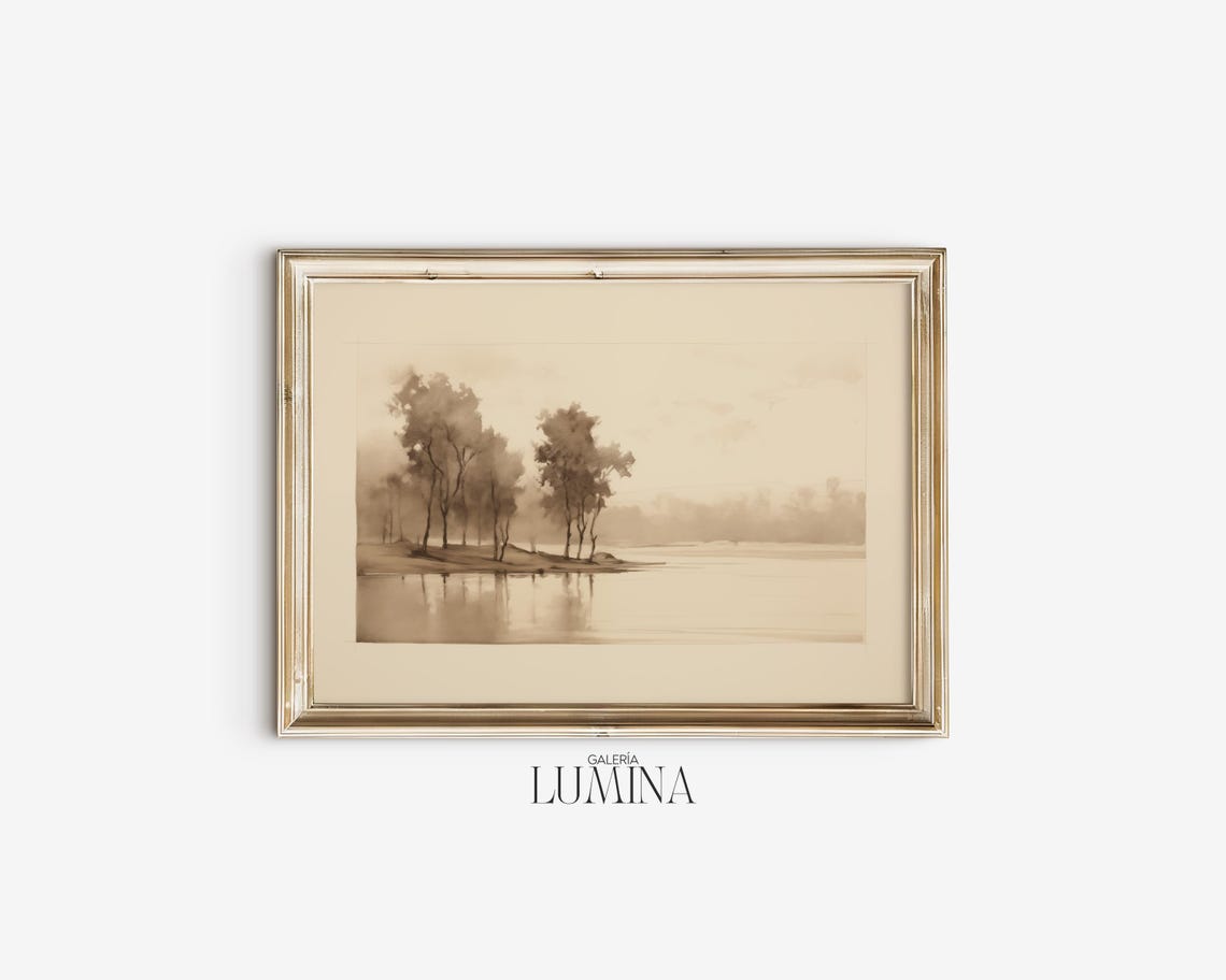 Sepia River Trees Minimalist Landscape Watercolor Art Poster - Image 2