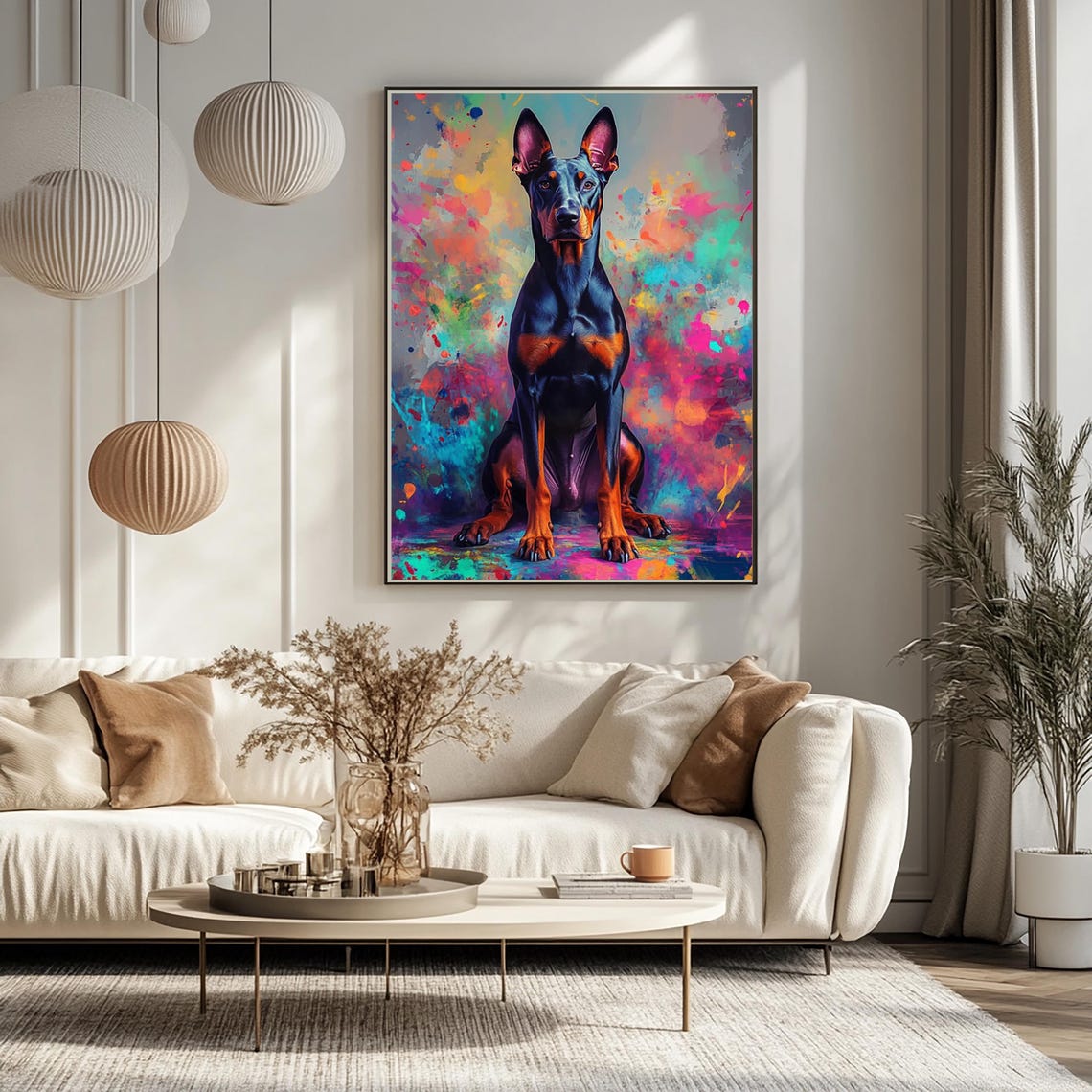 Doberman Standing Before Colorful Paint Splatter Modern Art Poster - Image 3