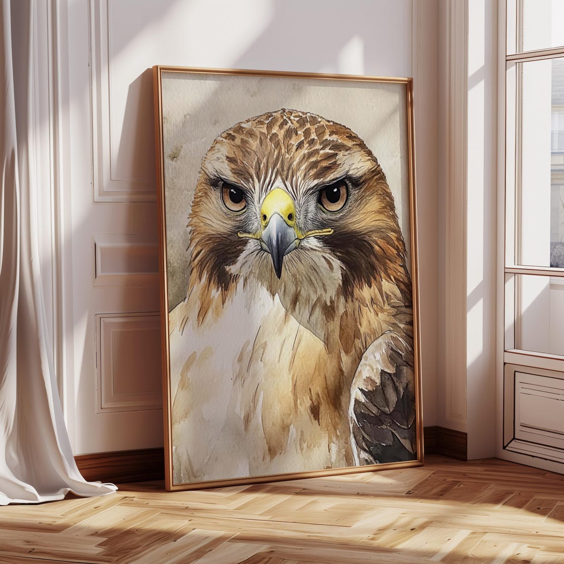 Hawk Face in Front View With Intense Eyes Watercolor Bird Poster