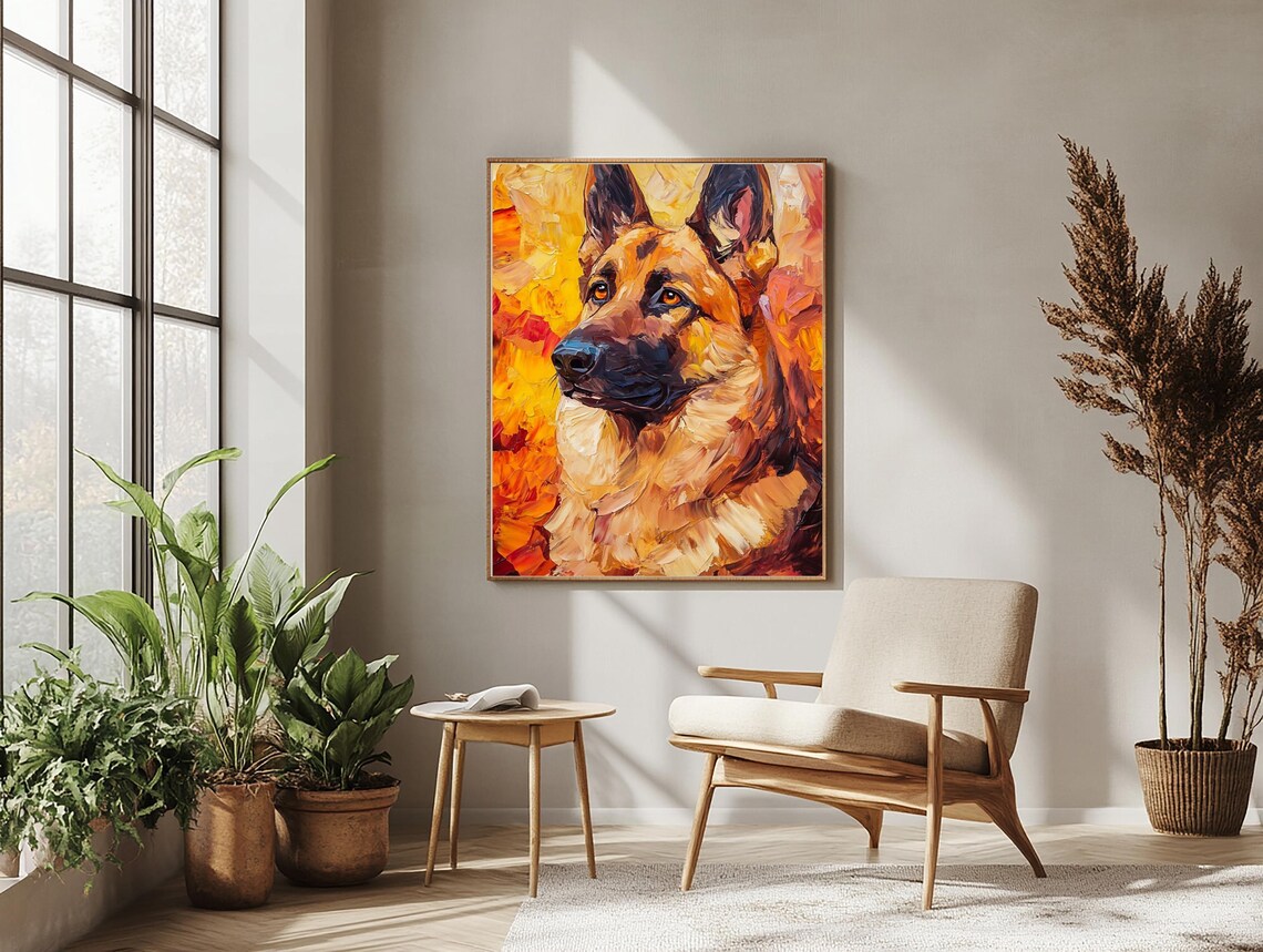 German Shepherd Portrait Warm Autumn Orange Oil Painting Poster