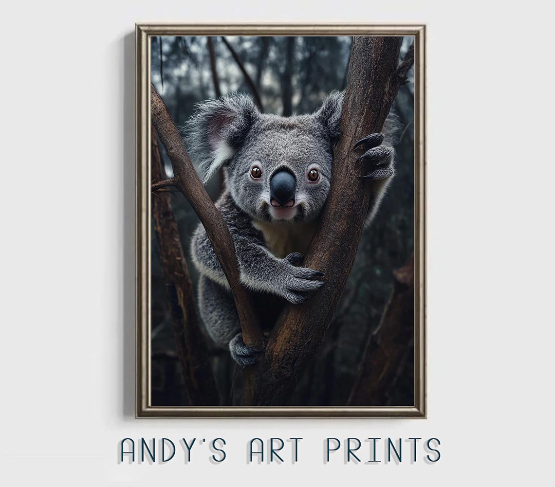 Cute Koala Clinging To A Tree Trunk With Big Curious Eyes Poster