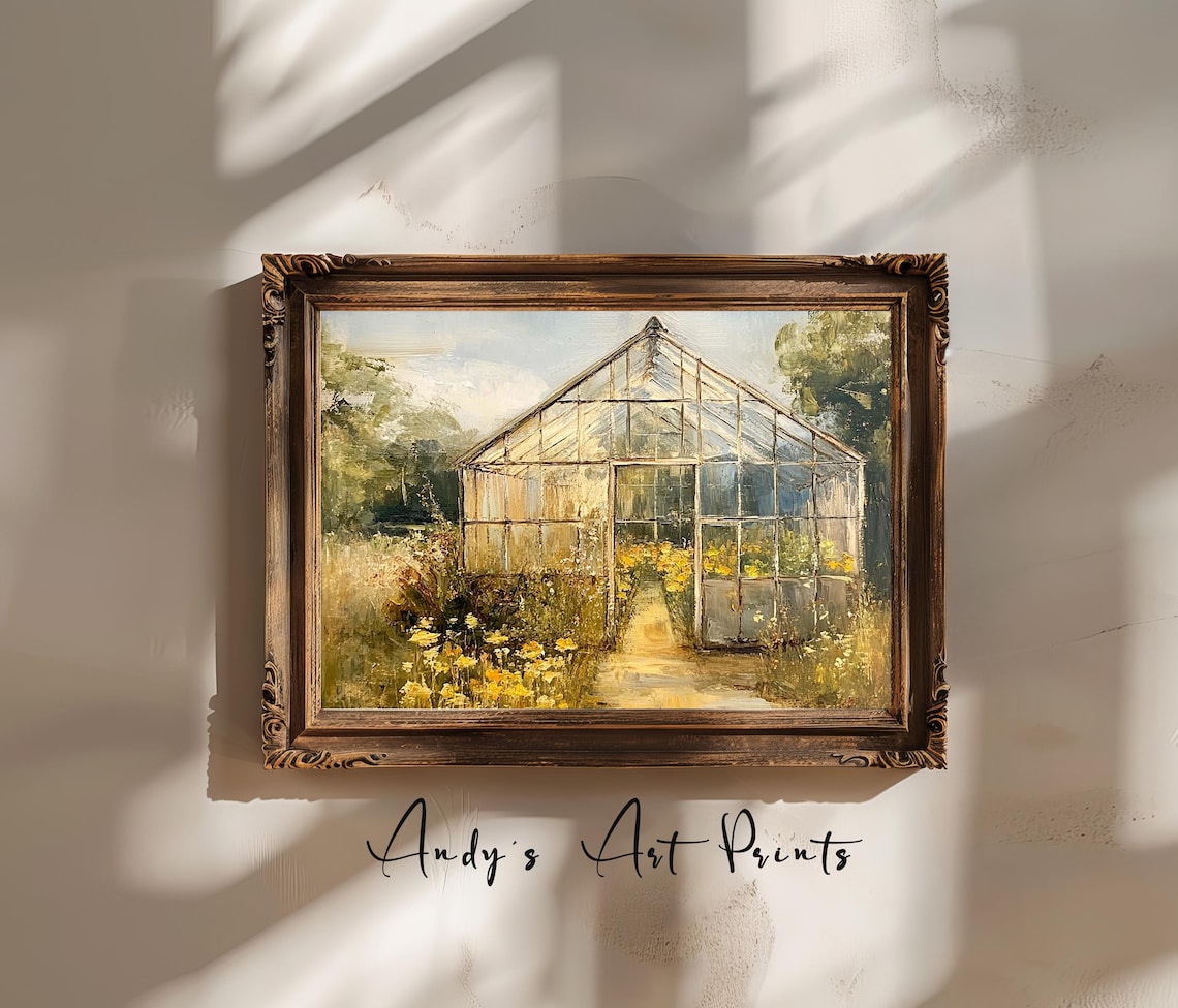 Vintage Glass Greenhouse Among Wildflowers Oil Painting Poster