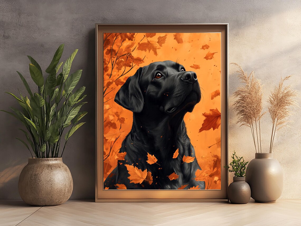Black Labrador Portrait Among Falling Autumn Leaves Oil Poster