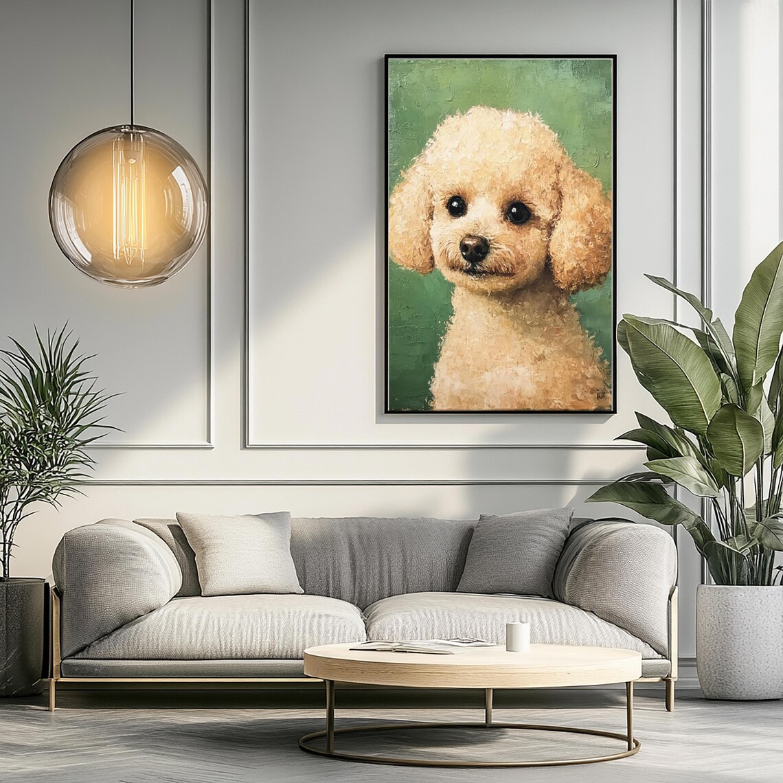Apricot Poodle Puppy Portrait Green Background Oil Art Poster
