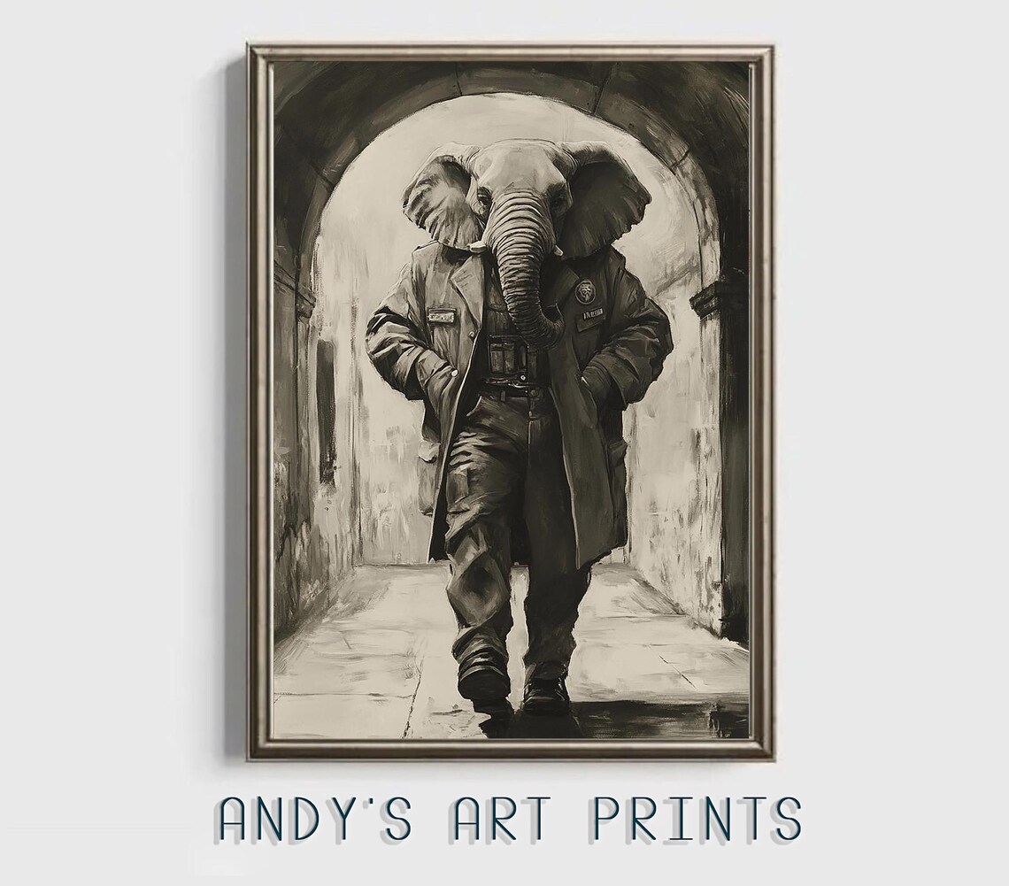 Quirky Elephant Detective In Trench Coat Striding Through Archway Poster