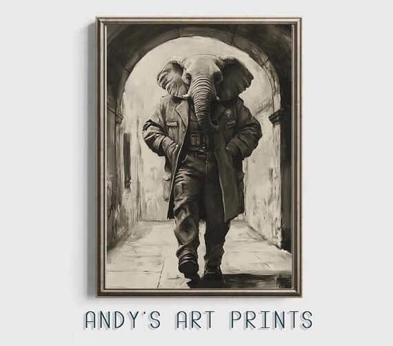 Quirky Elephant Detective In Trench Coat Striding Through Archway Poster