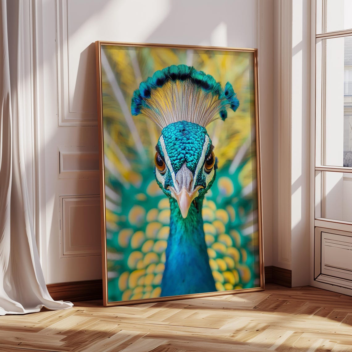 Peacock Head Close Up Vibrant Blue Green Feathers Art Poster