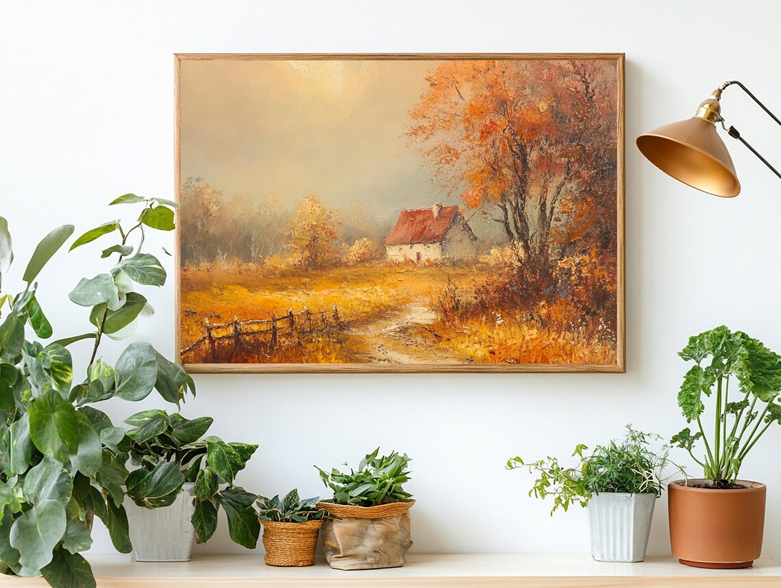 Cottage Field Landscape Wall Art Oil Painting Nature Poster Oil Painting Home Artwork Autumn Vintage - Image 2