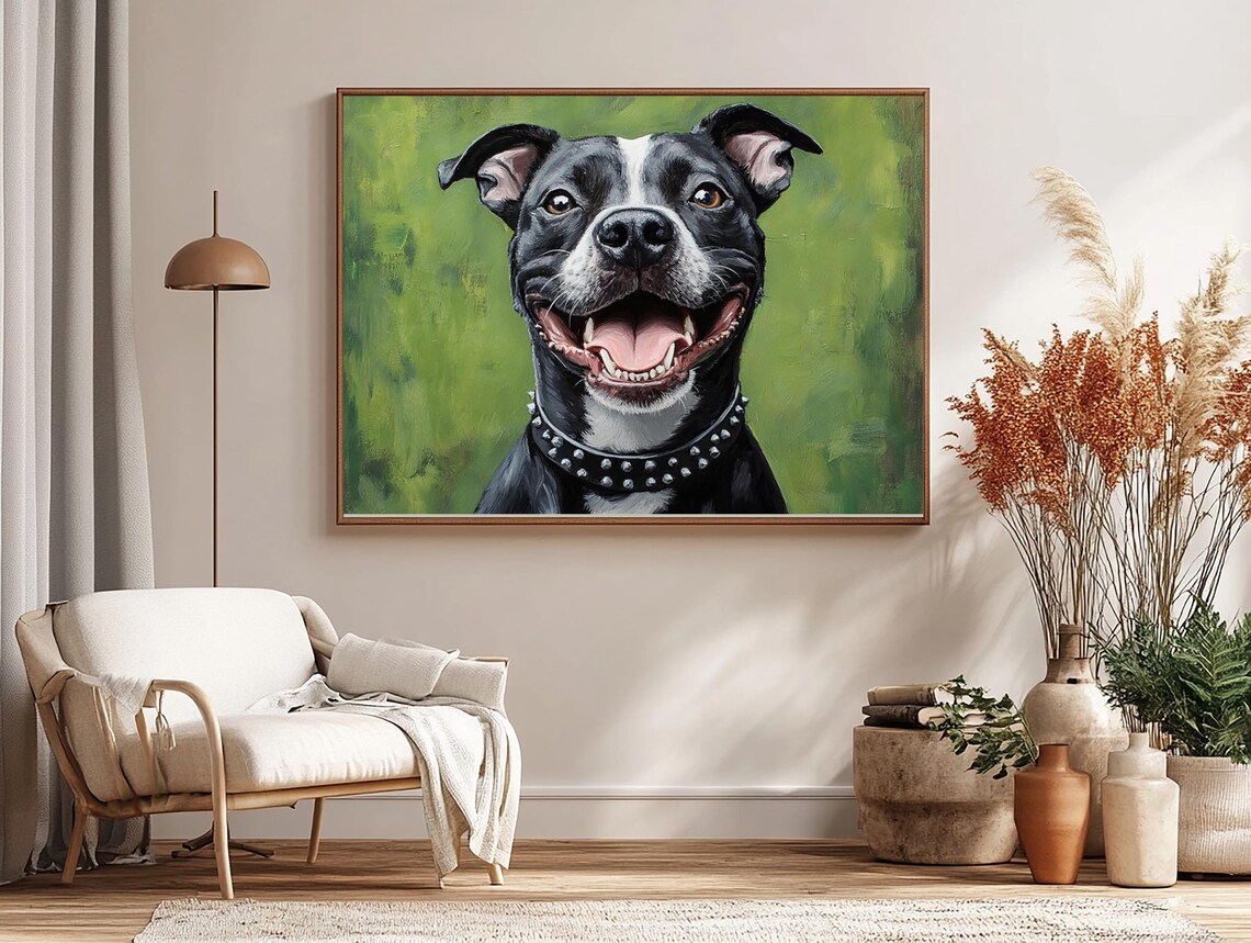 Smiling Staffordshire Bull Terrier On Green Background Art Poster
