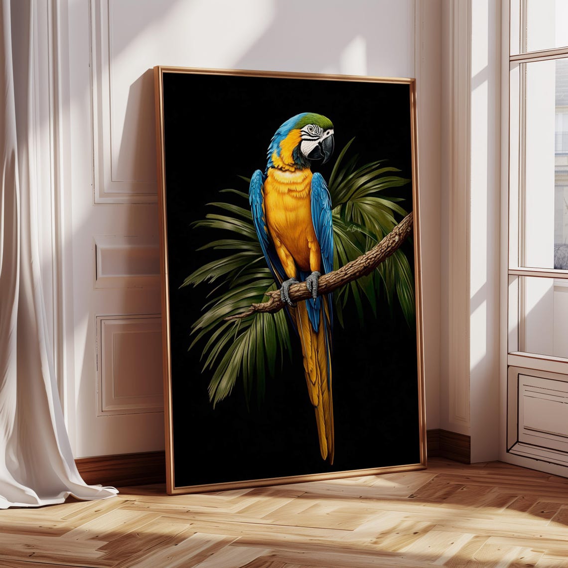 Blue And Yellow Macaw Parrot On Branch Black Background Poster