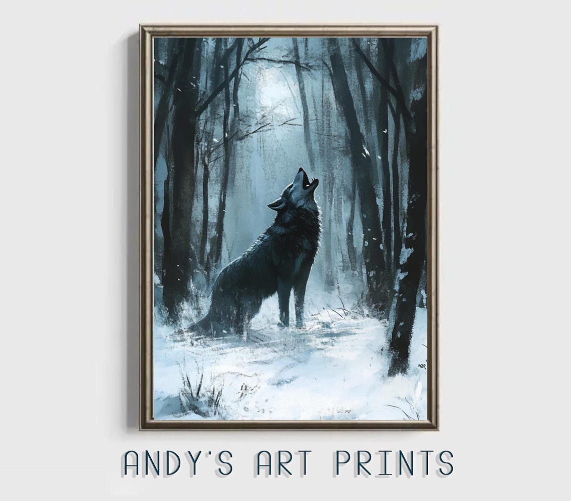 Black Wolf Howling At The Moon In A Dark Snowy Forest Poster - Image 3
