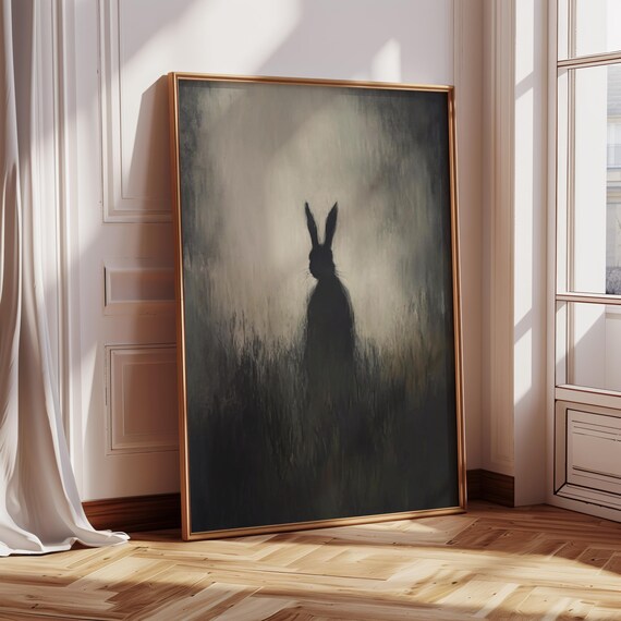 Mysterious Dark Hare Silhouette Standing In Misty Grey Meadow Poster