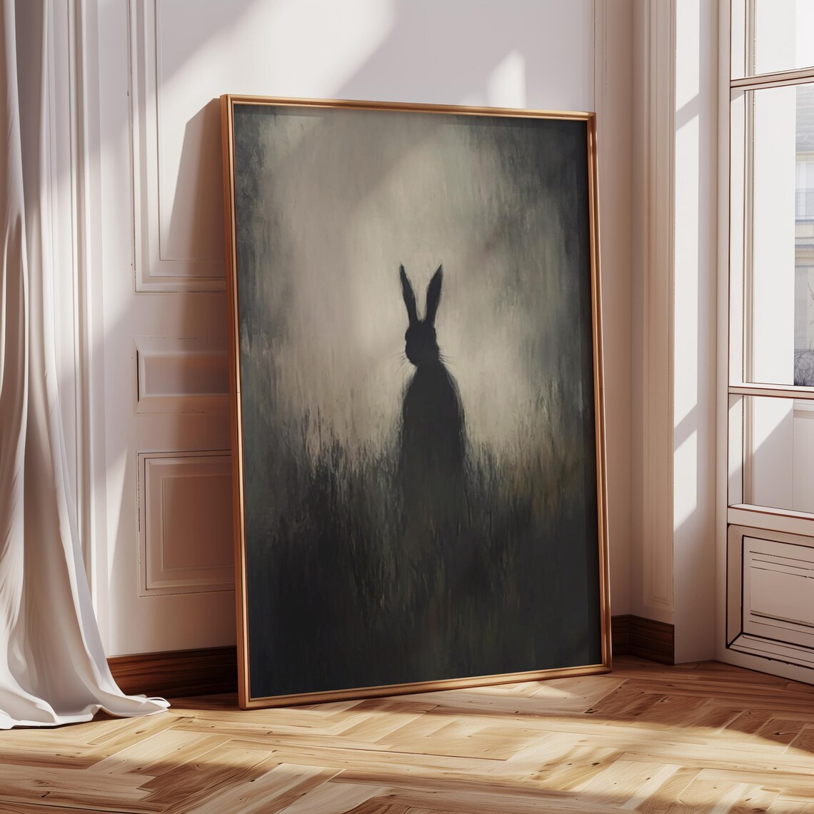 Mysterious Dark Hare Silhouette Standing In Misty Grey Meadow Poster