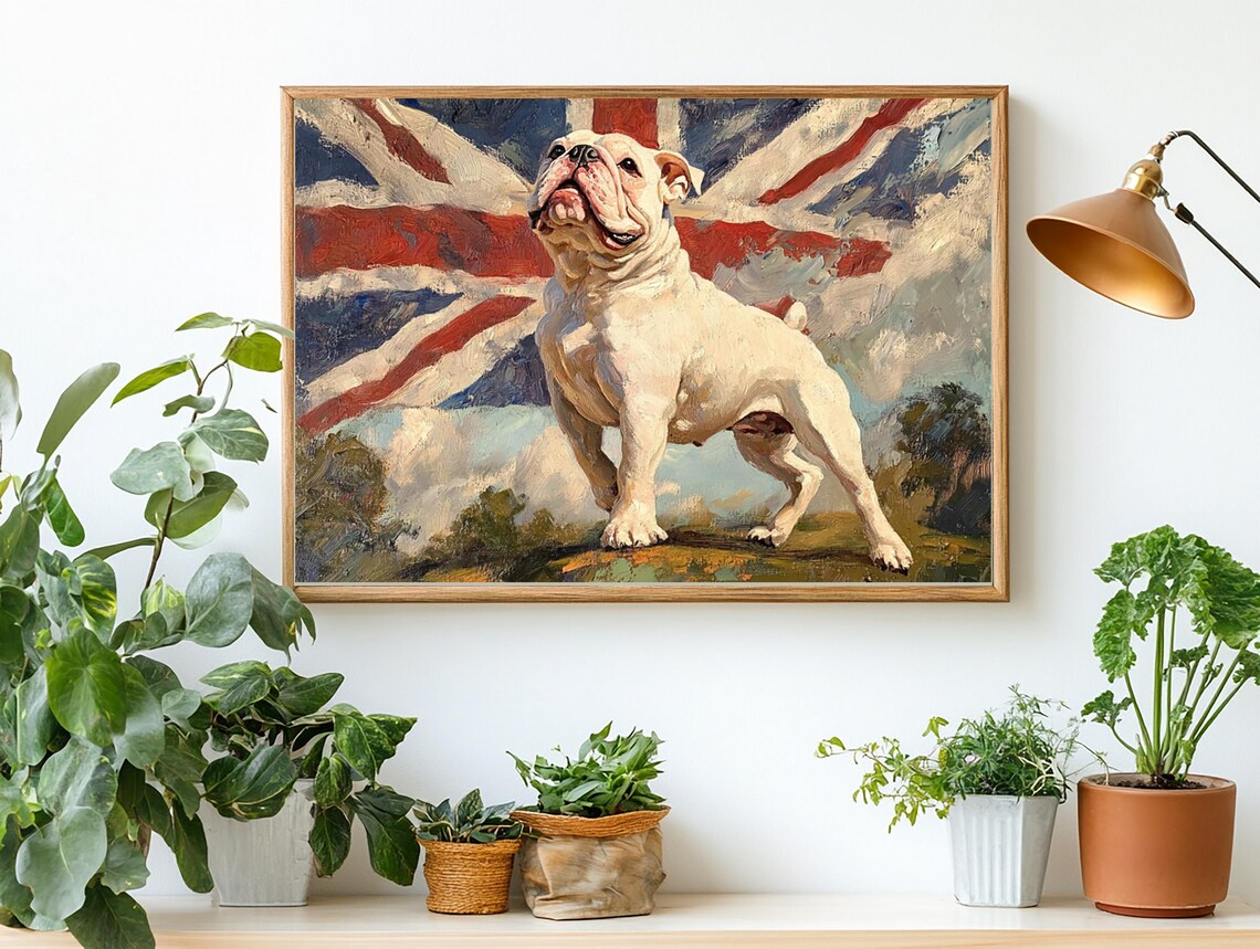 White English Bulldog Standing Before Union Jack Flag Oil Poster - Image 2