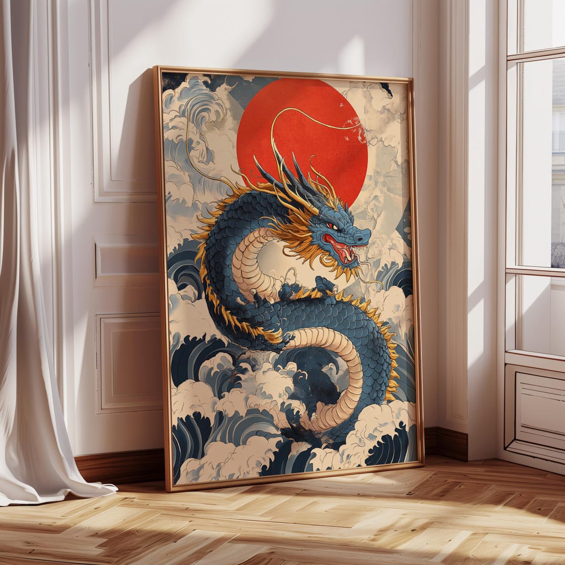 Blue Japanese Dragon Rising Through Waves Under a Red Sun Poster
