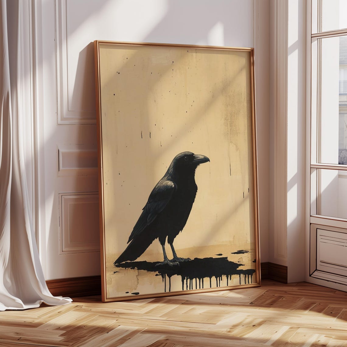 A Single Black Crow Standing on an Ink Splash Minimal Beige Poster