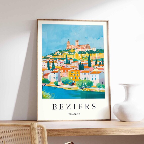 Beziers France Vintage Cathedral Hill Colorful Town Travel Poster