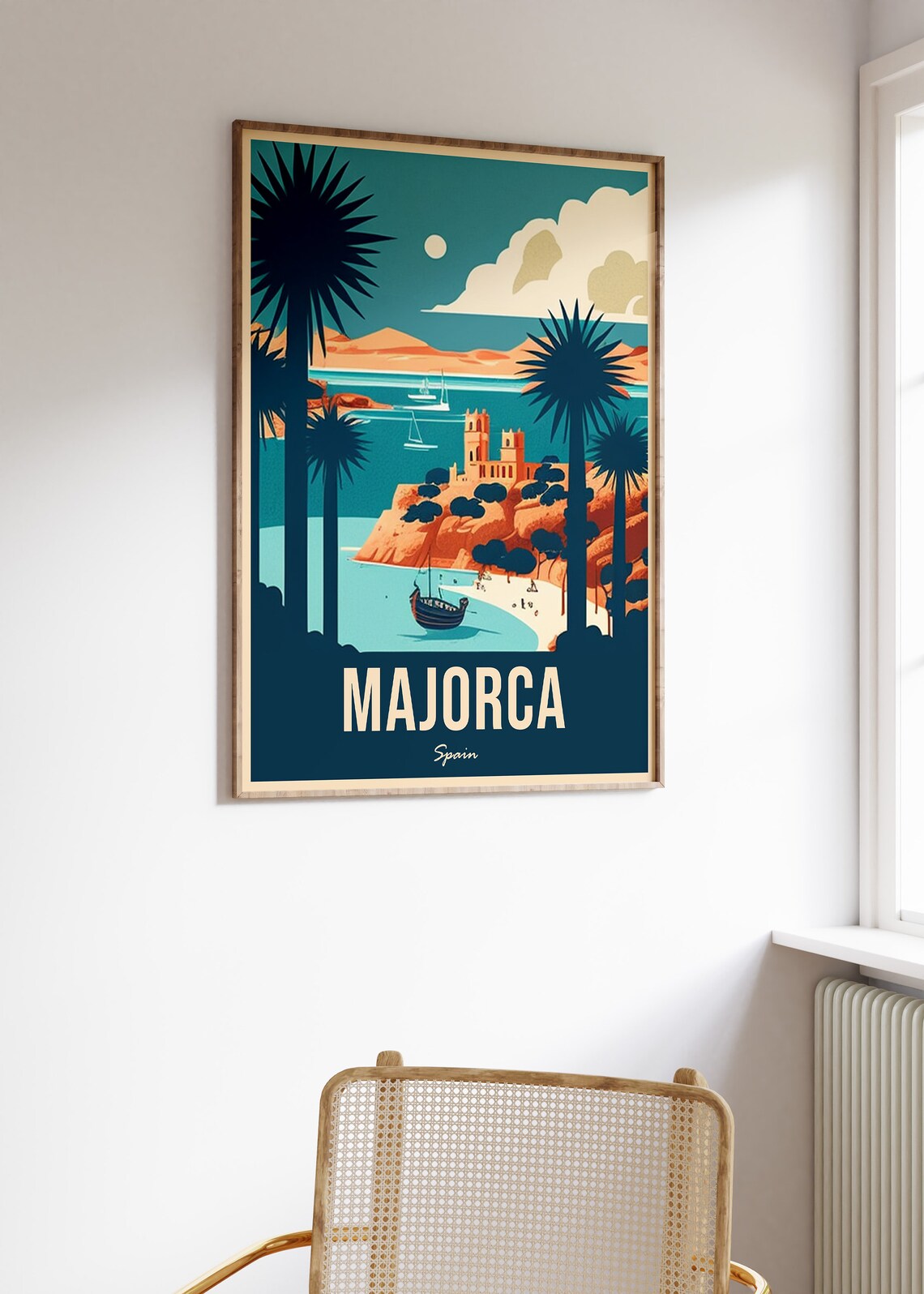 Majorca Spain Retro Graphic Palm Beach Sailboat Travel Art Poster - Image 3