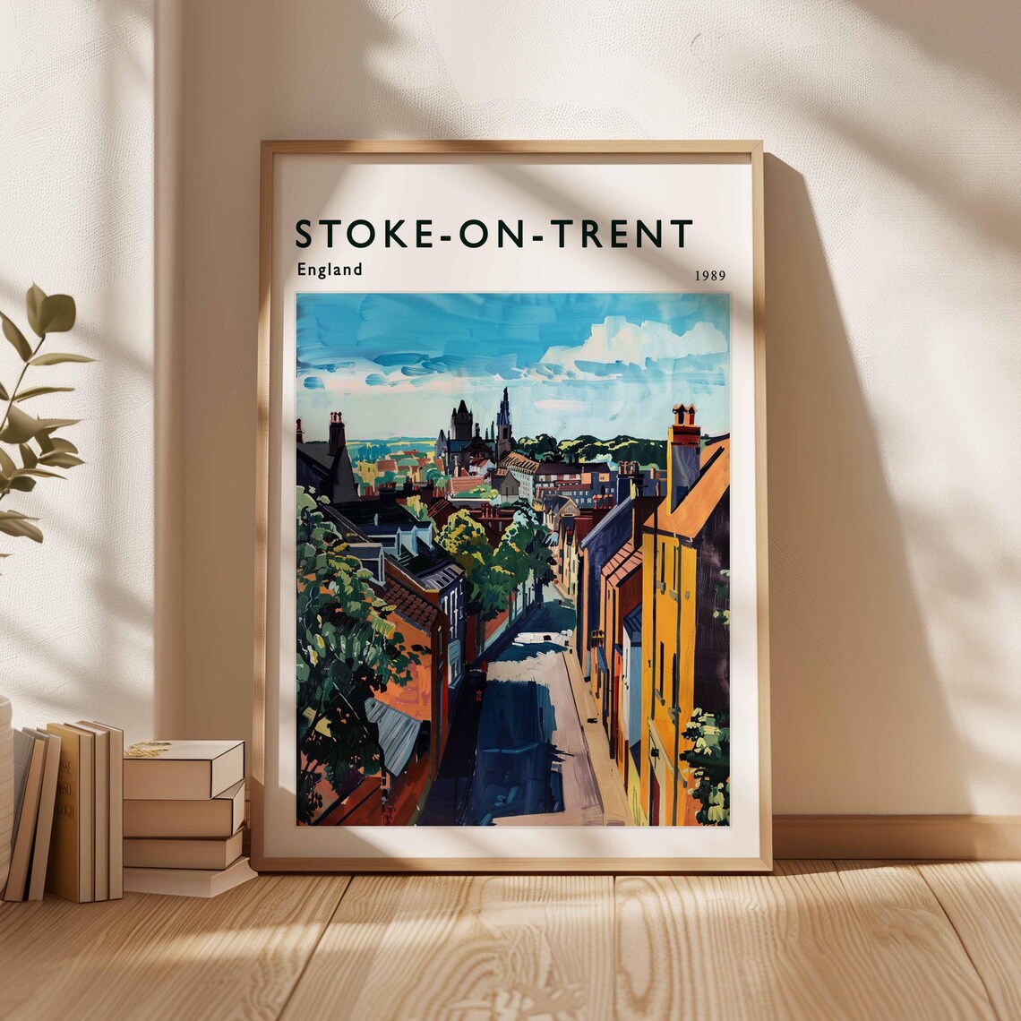 Stoke On Trent England 1989 Painted Street Town Skyline Travel Poster
