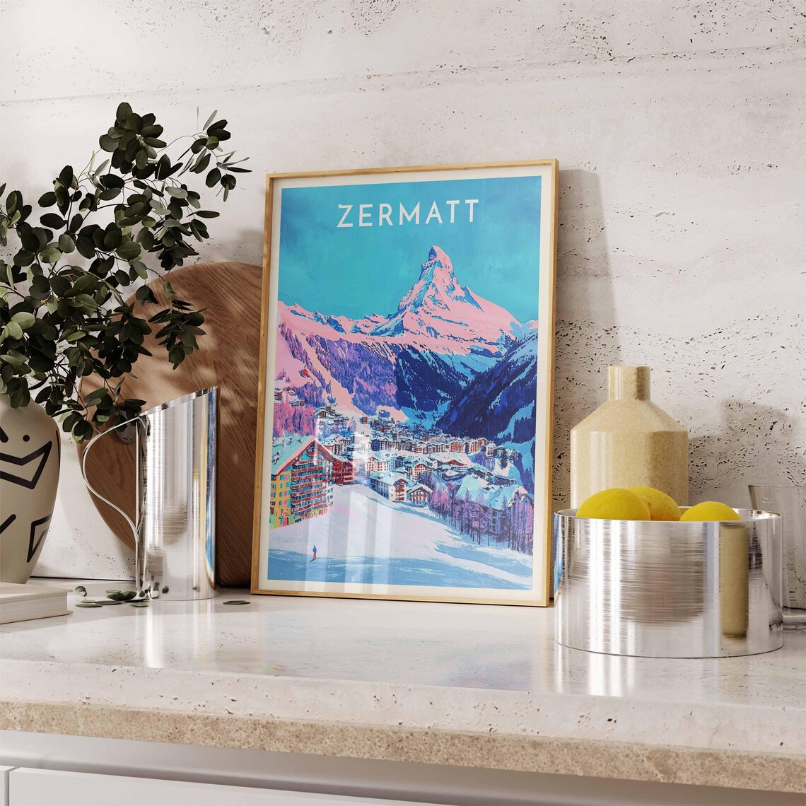 Zermatt Matterhorn Pink Alpenglow Village Skier Snowy Art Poster - Image 2