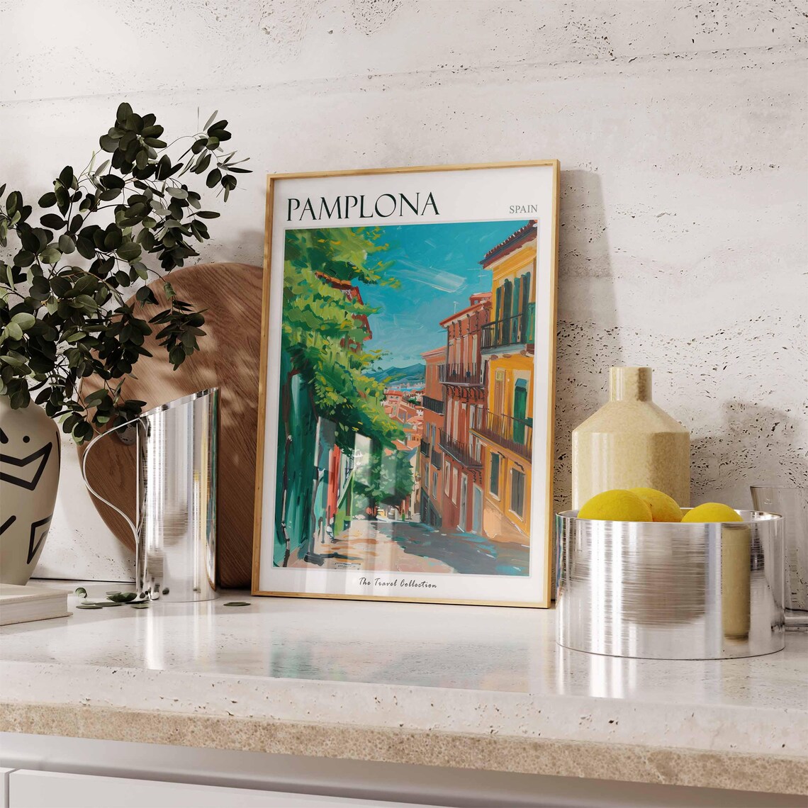 Pamplona Spain Leafy Old Street Green Trees Painting Travel Poster - Image 3