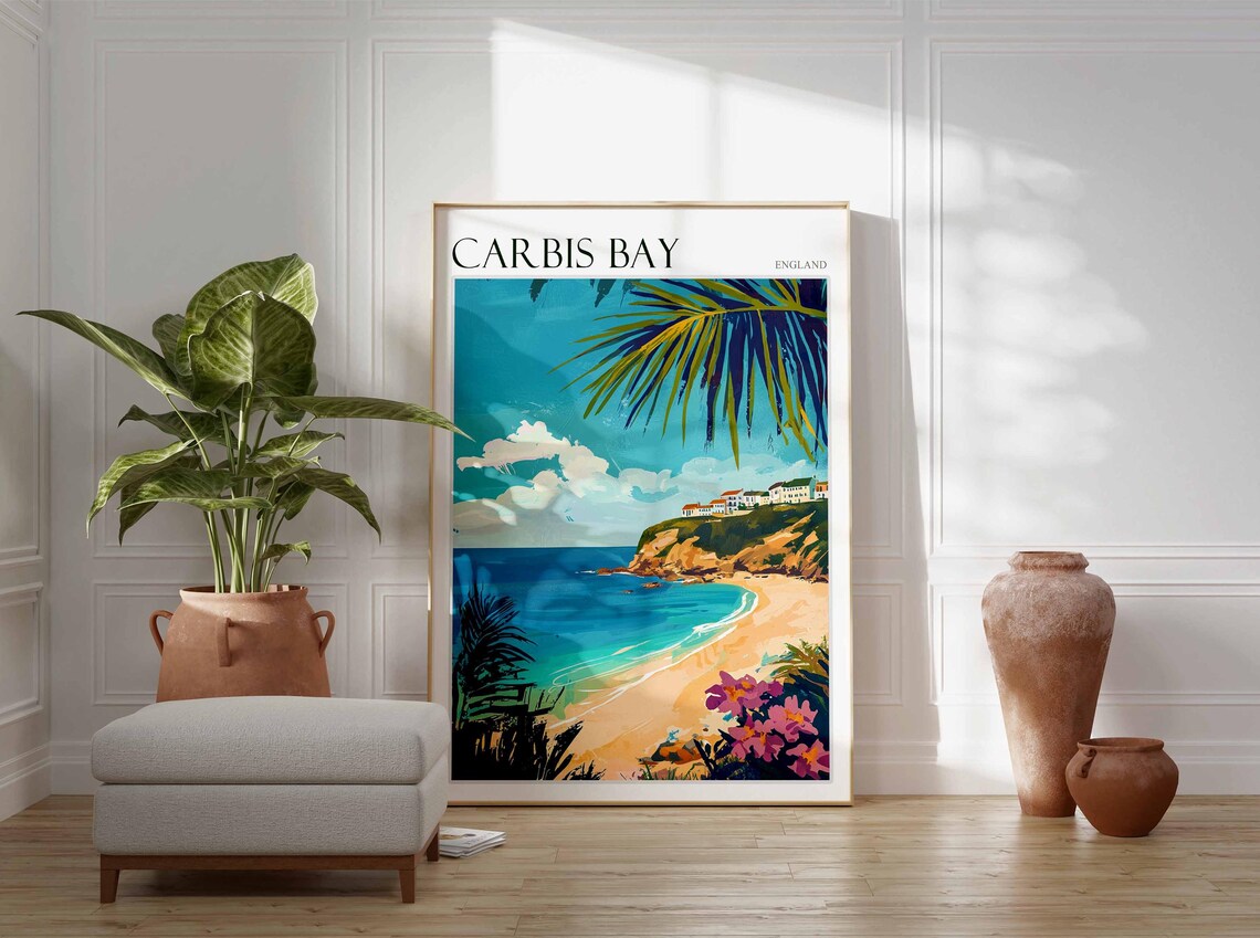 Carbis Bay England Palm Framed Tropical Cove Cliffside Beach Art Poster - Image 3