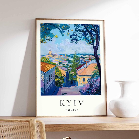 Kyiv Ukraine Hillside Old Town View With Church Domes Travel Poster