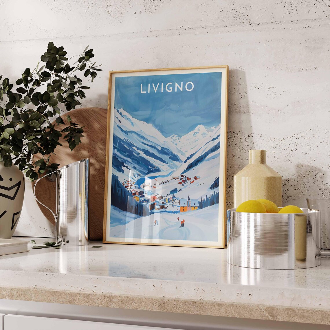 Livigno Blue Mountain Valley Ski Village Aerial Winter View Poster - Image 2