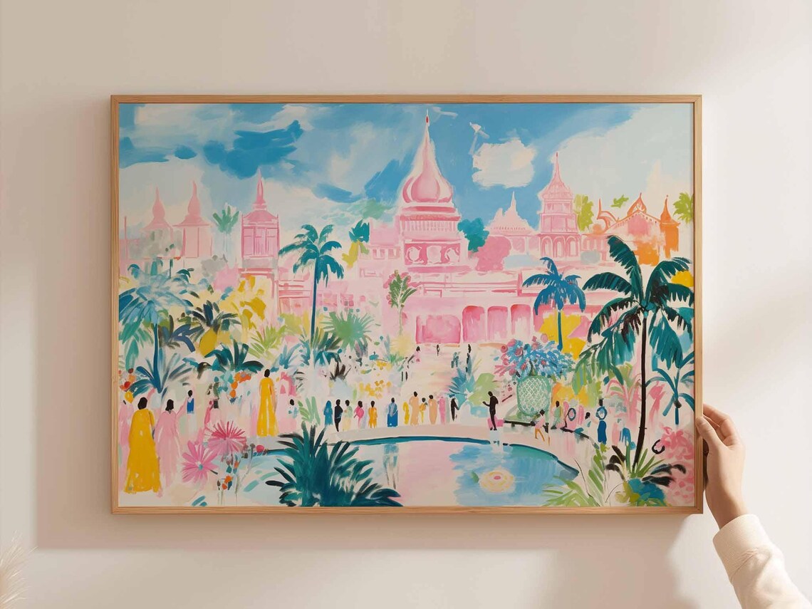 Cambodia Pink Palace Palm Trees Watercolor Riverside Art Poster