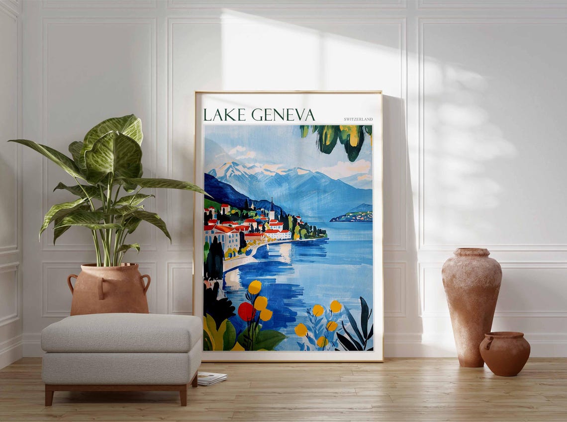 Lake Geneva Poster Switzerland Travel Print Swiss Decor Europe Travel Poster European Wall Art Lake Geneva Travel Poster - Image 2