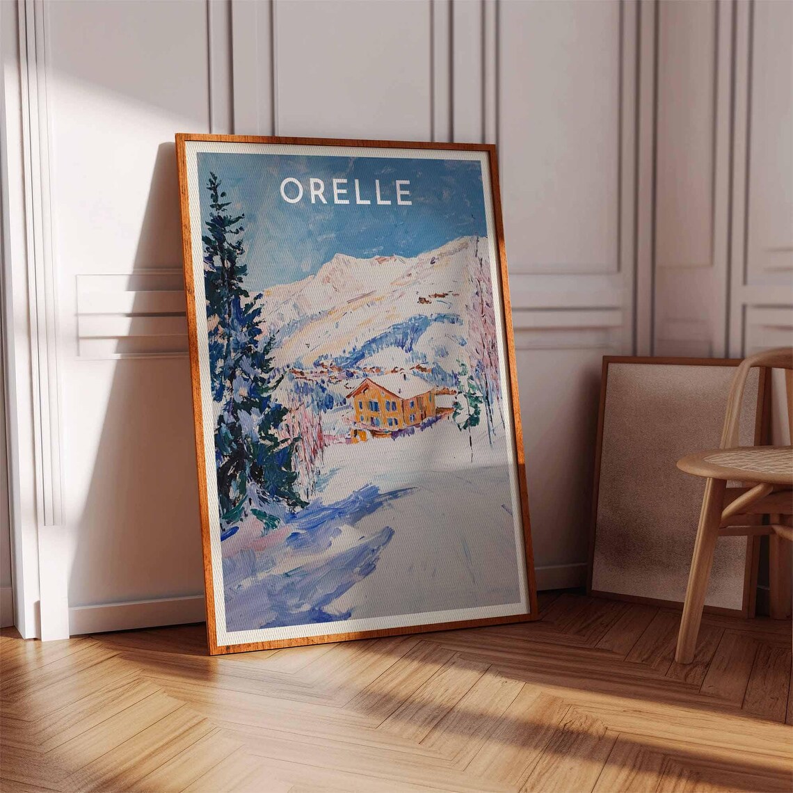 Orelle Orange Chalet Blue Firs Snowy Peak Mountain Landscape Poster - Image 3