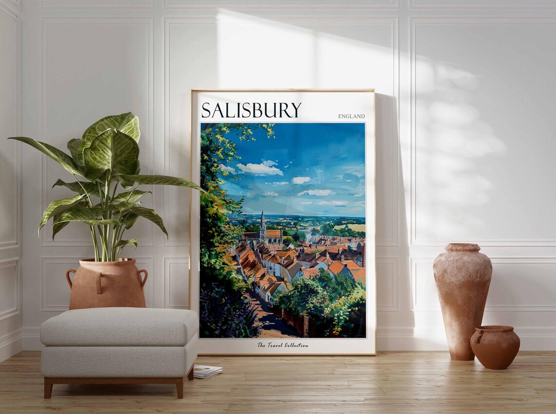 Salisbury England Town Rooftops Church Spire Colorful Hill View Poster - Image 2